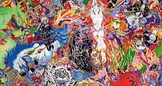 an abstract painting with many different colors and patterns on the bottom half of it, including horses