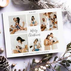 a christmas card with four pictures of people and their babies on it, surrounded by holiday decorations