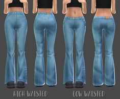 three different views of the same woman's jeans with high waist and low waist