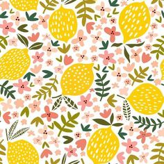 a pattern with lemons and flowers on a white background