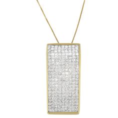 This radiant block pendant is adorned with over two carats of princess cut diamonds for truly brilliant style. Set in 14 karat yellow gold, it's a piece that always gets noticed. Luxury Cubic Zirconia Rectangular Pendant Jewelry, Luxury Rectangular Necklace With Single Cut Diamonds, Luxury Brilliant Cut Rectangular Necklaces, Luxury Fine Jewelry With Rectangular Pendant, Luxury Rectangular Diamond Necklace For Anniversary, Luxury Gold Diamond Necklace With Rectangular Pendant, Luxury Gold Rectangular Pendant Diamond Necklace, Luxury Diamond Necklace With Rectangular Pendant For Anniversary, Luxury Fine Jewelry Necklace With Square Pendant