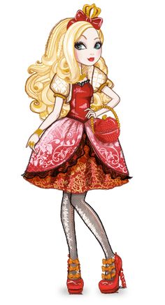 a drawing of a blonde haired girl with long hair wearing a red dress and holding a purse