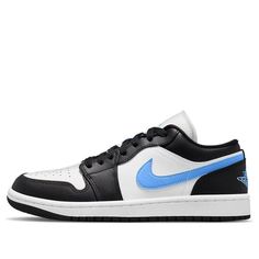 The Air Jordan 1 Low "Black University Blue" is a low-top women's sneaker that features an all-leather upper. The white base is contrasted by black overlays, a signature Swoosh, stitched Wings logo on the heel, and a Jumpman icon embroidered on the nylon tongue in University Blue. It is built on a sturdy rubber cupsole with encapsulated Air cushioning in the heel. (AJ1/SNKR/Retro/Low Top/Women's/Basketball/Wear-resistant) Streetwear Low-top Sneakers, Custom Low-top Sneakers With Contrasting Heel Counter For Streetwear, Blue Low-top Sporty Jordan Shoes, Air Jordan 1 Low Black University Blue, Blue Low-top Leather Jordan Shoes, Air Jordan 1 Low Blue, Air Jordan 1 Low True Blue, Wmns Air Jordan 1, Top Sneakers Women