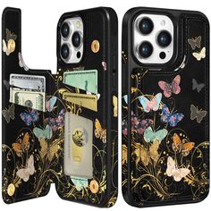 an iphone case with butterflies and flowers on it, is open to show the inside