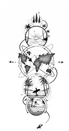 a black and white drawing of the earth with trees, birds and mountains on it