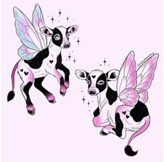 two black and white cows with pink wings on their backs, one in the air