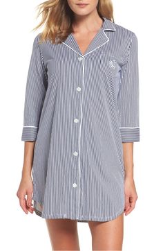 Free shipping and returns on Lauren Ralph Lauren Jersey Sleep Shirt (Online Only) at Nordstrom.com. A relaxed silhouette borrowed from the boys is revamped for you with cropped sleeves and soft cotton-jersey knit. Collared Cotton Sleepwear With Relaxed Fit, Relaxed Fit Cotton Sleepwear With Collar, Classic Cotton Sleepwear For Spring, Casual Cotton Button-up Sleepwear, Cotton Shirt With Spread Collar For Loungewear, Cotton Shirt With Button Cuffs For Loungewear, Casual Cotton Sleepwear With Button Closure, Cotton Spread Collar Tops For Loungewear, Long Sleeve Tops With Striped Collar For Loungewear