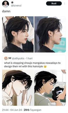 an anime character with black hair and piercings is shown in the middle of two pictures