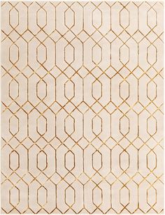 a white rug with gold lines on the top and bottom, in an abstract pattern