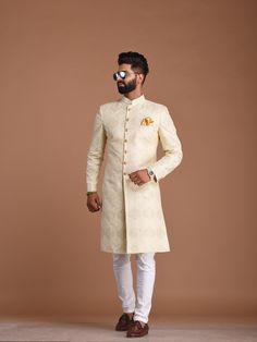 "Important Instrucitons : We request you to kindly calculate the processing time of your order after the mutual confirmation on Bespoke measurements between us has taken place (either via message , e mail or form) \"Crafted with Passion in India; loved by men across the USA, Canada, Europe\" Material: Silk Embroidered chikankari Color: White Collar type: Mandarin , Sherwani with 7 Buttons Package contents: 1 Achkan + 1 Churidar/ Trouser Pajama Wash Care Instruction : Dry-clean only Achkans also White Sherwani, Great Things Take Time, Glamorous Outfits, Kurta Style, Mens Attire, Indian Groom, Between Us, Wedding Function, Fitted Suit