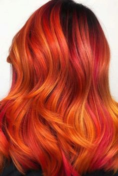 Sunset Hair Ombre, Fire Hair Color, Sunset Hair Color, Exotic Hair Color, Flame Hair, Baylage Hair, Yellow Hair Color, Sunset Hair, Red Ombre Hair