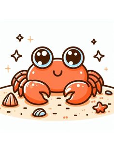 a crab with big eyes sitting on the sand