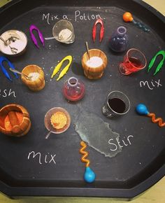 a tray that has various items on it and labeled with the names of different objects