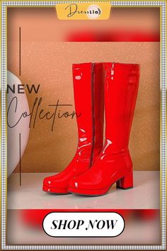 Autumn and Winter New Thick Heel Mid-heel Women's Boots Patent Leather High Boots Square Toe Boots White Side Zipper Pole Dance Boots Party Boots With Zipper Closure And Round Toe, Party Heeled Boots With Zipper And Round Toe, Red Party Boots With Zipper Closure, Retro Winter Knee-high Boots With Round Toe, Retro Knee-high Winter Boots With Round Toe, Retro Knee-high Boots With Round Toe For Winter, Retro Heeled Boots For Party In Fall, Retro Pointed Toe Boots For Party, High Heel Mid-calf Boots With Zipper For Party