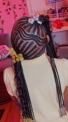 Girls Braided Hairstyles Kids Black, Feed In Ponytail Kids, Braided Up Ponytail For Kids, Kids Braided Ponytail With Curls, Cornrow Ideas For Kids, Braided Ponytail Hairstyles Black Kids, Braided Pigtails Black Kids, Baby Braid Styles, Cute Hairstyles For Black Kids