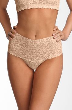 A fabulously soft and stretchy lace thong-available in an assortment of colors-feels great on and doesn't show through your clothes. Style Name:Hanky Panky Retro High Waist Thong. Style Number: 240499. Stretch Delicate Lace Briefs, Shaping Briefs With Moderate Coverage, Seamless Full Coverage Lace Bottoms, Full Coverage Lace Shapewear Bottoms, Lace Shapewear Bottoms With Full Coverage, Seamless Lace Bottoms For Summer, Spring Delicate Lace Brief Bottoms, Fitted Lace Bottoms With Full Coverage, Delicate Lingerie