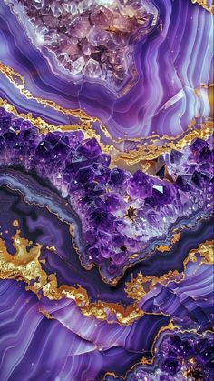 an abstract painting with gold and purple colors on the surface, it looks like marble