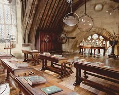 an old church with wooden benches and tables