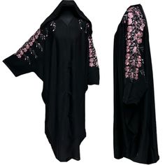 Black Batwing Abaya Farasha Jalabiya Arab Dress with Embroidery . As a result, comes in original plastic wrap with Hijab included. Beautiful material with a premium feel. Exclusive new design Abaya.      Latest new design!  Comes with scarf  open front  embroidery   Colour: black   material : nida  Suitable for easy iron.   Do not tumble dry.  Dry clean  hand wash  The scarf is free and it may be little different in colour and design   Abayas are known by many name such as modest Islamic clothing, jilbab, jalabiya Arab rob, long dress, Muslim clothing, Kimonos, Hijab. However, they serve the same purpose: to cover. Other models are usually kaftans, cut from light, flowing fabrics like crepe, georgette, nida, and chiffon. Other known styles are open ,closed front, Batwing. Styles differ fro Traditional Long Niqab For Eid, Traditional Black Abaya With Floral Embroidery, Black Thobe With Floral Embroidery And Long Sleeves, Black Long Sleeve Thobe With Floral Embroidery, Embroidered Khimar For Eid, Traditional Long Sleeve Embroidered Khimar, Traditional Embroidered Long Sleeve Khimar, Traditional Black Thobe With Floral Embroidery, Traditional Niqab For Eid