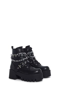 These boots have a vegan leather construction, treaded soles, buckle details, a removable silver chain link, front lace-ups, and side zipper closures. Dolls Kill Boots, Boots With Chains, Current Mood Clothing, Leather Platform Boots, Festival Shop, Black Platform Boots, Black Dolls, Black Doll, Current Mood