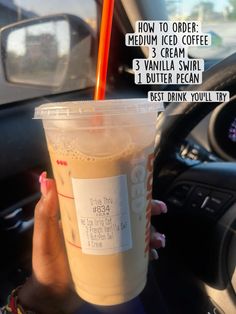 a person holding up a drink in their hand with the text how to order medium ice coffee 3 vanilla swirl 1 butter pecan