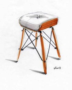 a drawing of a stool with a seat cushion on it's back and legs