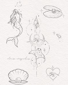 an ink drawing of mermaids and seashells