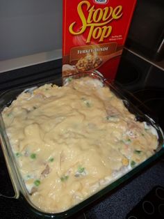 a casserole dish is shown next to a box of stove top potato soup