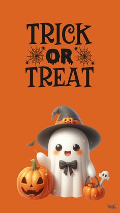 a halloween poster with a ghost and pumpkins on an orange background that says trick or treat