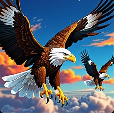 two bald eagles flying in the sky with clouds and stars behind them, one has it's wings spread wide open