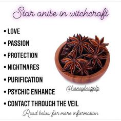 star anise in witch's hat on top of a wooden bowl with the words love passion nightmares