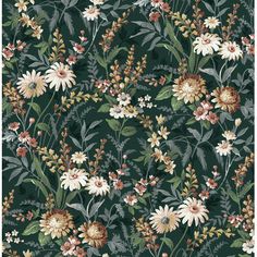 a green floral wallpaper with white and yellow flowers on the bottom half of it