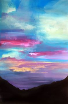 an abstract painting of purple, blue and pink clouds with mountains in the background at sunset