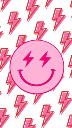 a pink smiley face surrounded by lightning bolts