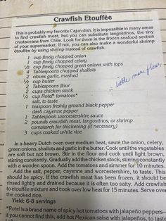 a recipe for crawfish equfe on a piece of paper