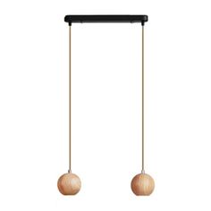 two wooden balls hanging from the ceiling