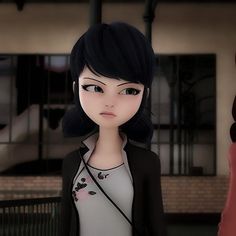 two animated women standing next to each other in front of a building with an open door