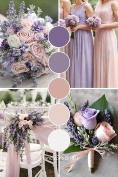 the bridesmaids are holding their bouquets and posing for pictures in different colors