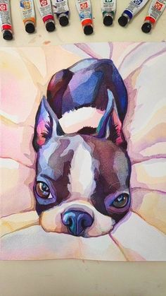 a painting of a boston terrier laying down on a bed with six markers next to it