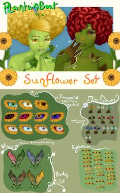 the sunflower set is designed to look like an alien girl with red hair and green eyes