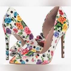 Betsey Johnson Stiletto Heel Stylish Bow Detail Slip On Style Polyeurethane Sole This Classic D'orsay Pump Gets A Fierce Upgrade With A Layered Bow On Top Of A Dramatic Floral Print And Pop Of Color On The Stiletto Heel. White Floral Print Closed Toe Heels, White Floral Print Party Heels, Chic Floral Print Heels With Round Toe, Chic White Heels With Floral Print, Feminine Fitted Heels With Floral Print, Elegant Multicolor Pointed Toe Heels, Chic White Floral Print Heels, Feminine Fitted Floral Print Heels, Fitted Feminine Floral Print Heels