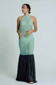 A body hugging maxi dress with an open back, made from mint green, see-through cotton crochet with a  Dark grey flowing chiffon hem. Classic cut with an edge, finished with beautiful detailing and adjustable strings. Take it to the beach, take it to... Cotton Crochet, Crochet Dress, Black Green, Green Dress, Beach Wedding, Mint Green, Sleeveless Formal Dress