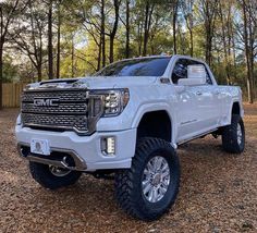 a white truck is parked in the woods