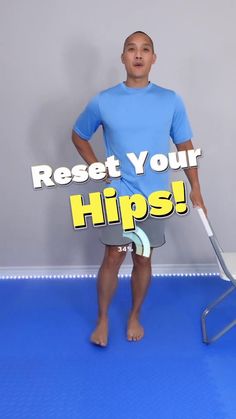 a young man holding a tennis racquet on top of a blue floor with the words rest your hips