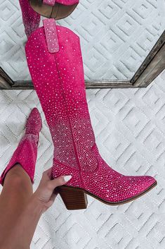 Arii Fuchsia Rhinestone Boots Rhinestone Boots, Pink Cowboy Boots, Pink Cowboy, Western Shoes, Pretty Shoes Sneakers, Rodeo Outfits, Pink Cowgirl, Pink Boots, Wood Heel