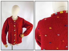 "A beautiful hand knitted chunky wool cardigan by Pachamama.  She features multicolour chunky bullion knot embroidery detail and pockets.  Size: 14 UK  Bust: 42\" Pit to pit: 21\" Pit to cuff: 17\" Collar to cuff: 26\" Length: 24\" She is in lovely condition and comes from a smoke free home.  Please do contact me for more information or of you would like to combine postage on multiple items." Traditional Red Cardigan For Winter, Traditional Red Winter Cardigan, Red Hand Knitted Long Sleeve Cardigan, Cozy Red Chunky Knit Outerwear, Oversized Red Chunky Knit Outerwear, Red Knit Outerwear With Buttons, Red Embroidered Winter Cardigan, Red Vintage Knit Cardigan, Vintage Knitwear