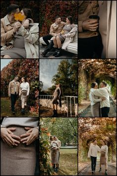 a collage of people standing and sitting in front of trees with their hands on each other