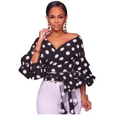 This polka dot chiffon wrap blouse featuring a plunging v-neck and petal sleeves is perfectly paired with skirts, jeans or pants. Made with a a polyester blend and comes in 2 fabulous color patterns. Blouse With Skirt, White Wrap Blouse, Chiffon Blouses, Chiffon Wrap, Looks Chic, Polka Dot Blouse, Long Puff Sleeves, Wrap Blouse, Lantern Sleeve