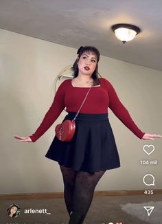 Plus Size Black Skater Skirt Outfit, Plus Size Red Outfits, Plus Size Skater Skirt Outfit, Cherry Inspired Outfit, Plus Size Mini Skirt Outfit, Black Skater Skirt Outfit, Outfits For The Summer, Skater Skirt Outfit, Night Out Outfit Clubwear