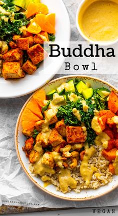 buddha bowl with rice, vegetables and tofu on it next to a bowl of soup